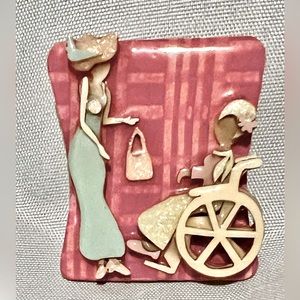 Vintage Lucinda WOMAN PINS ONE FRIEND IN WHEELCHAIR SHOPPER HANDICAP RARE